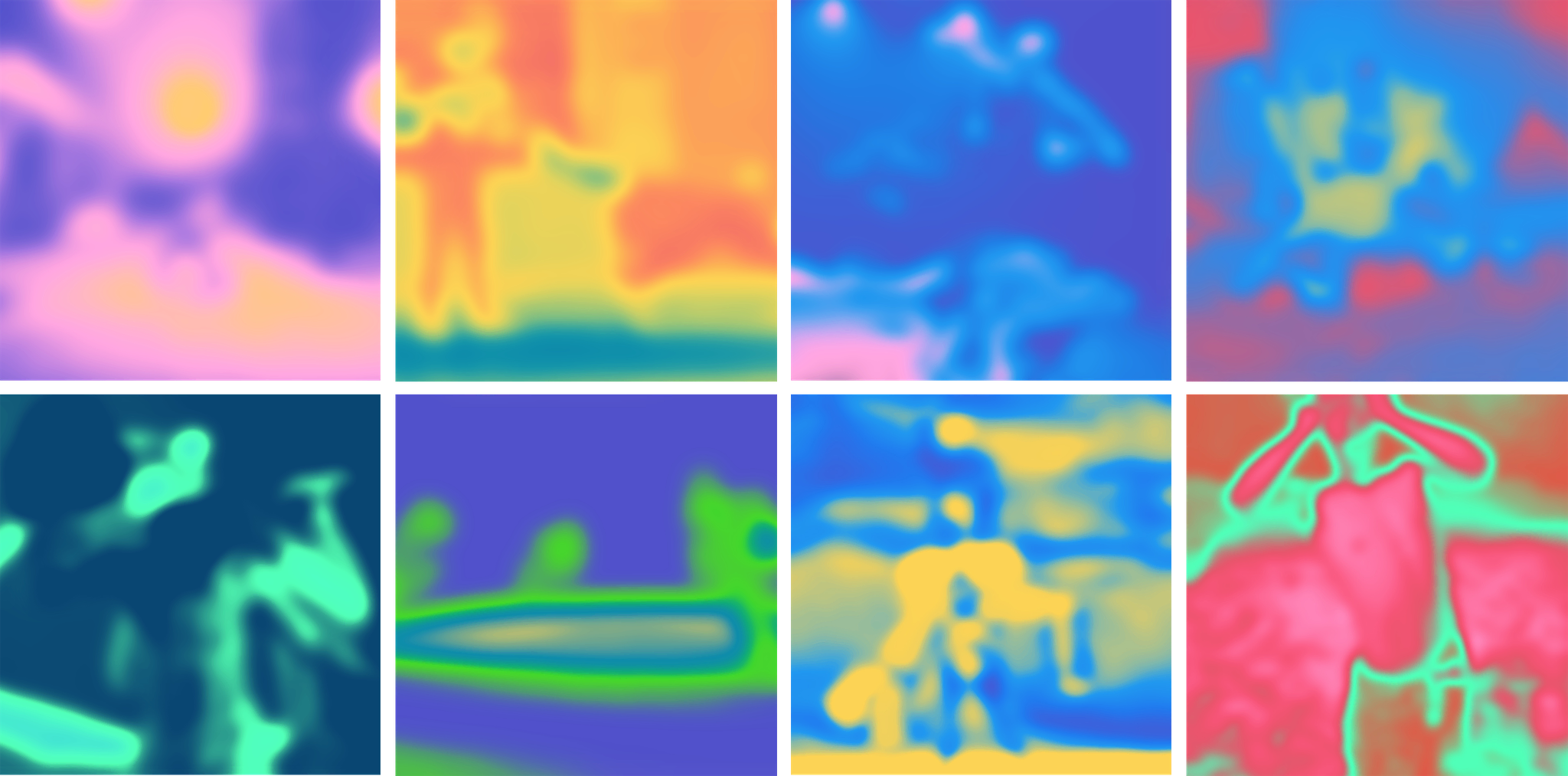 Grelha com imagens em quadrados compostos por gradientes de cores intensas.