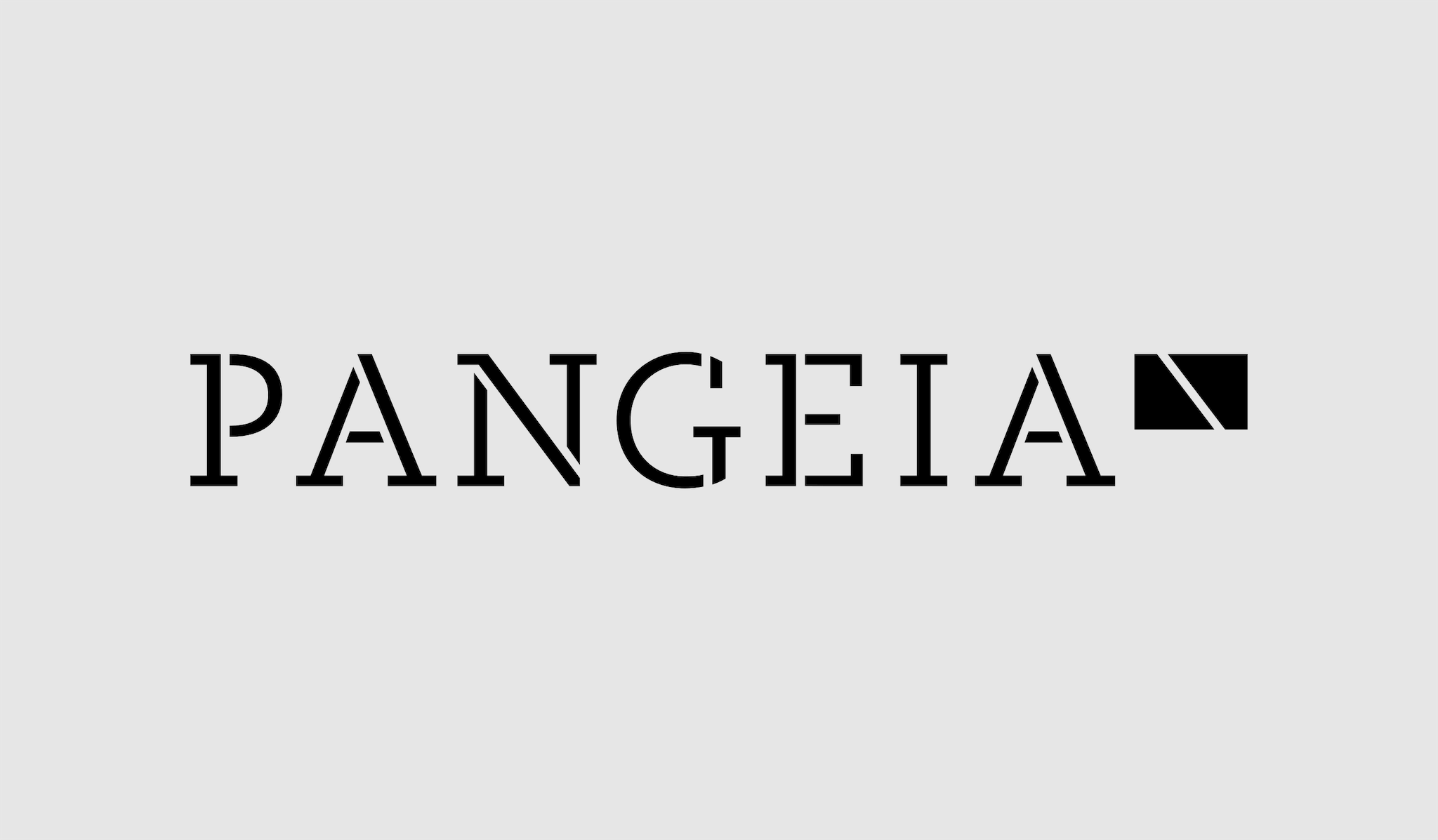 Logotype composed by the words "PANGEIA" and a rectangular shape in placed in the right top.