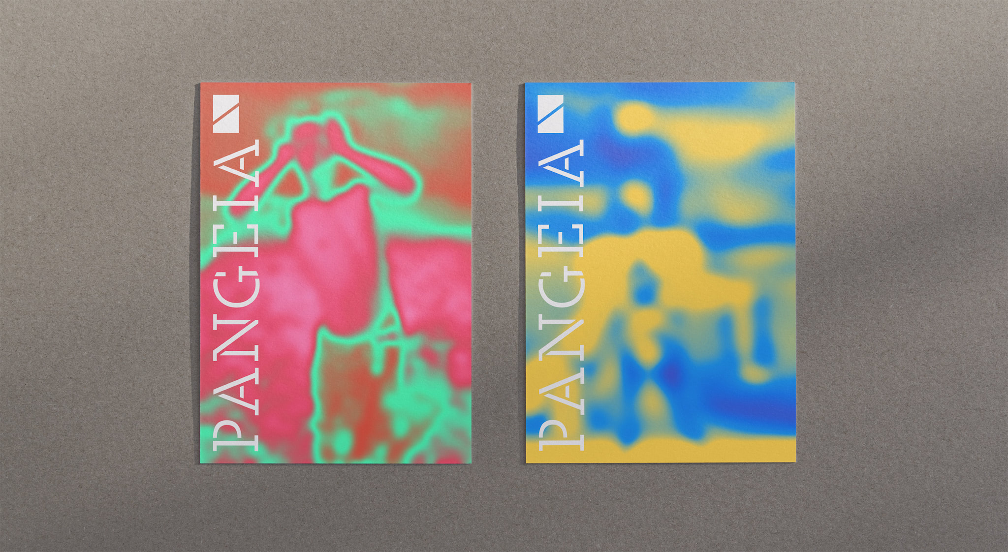 Dois panfletos com fundos coloridos e o logotipo da PANGEIA na vertical.